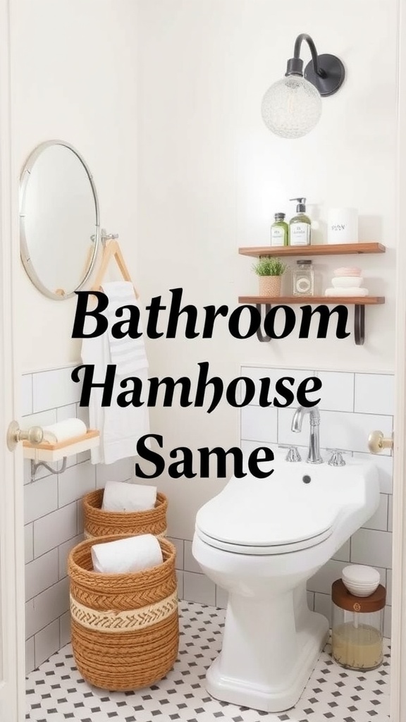 Modern farmhouse bathroom with a round mirror, pendant light, open shelves, and woven baskets.