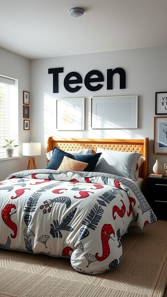 A modern teen boy's bedroom featuring a cozy bed with a colorful comforter, pillows, and stylish decor.