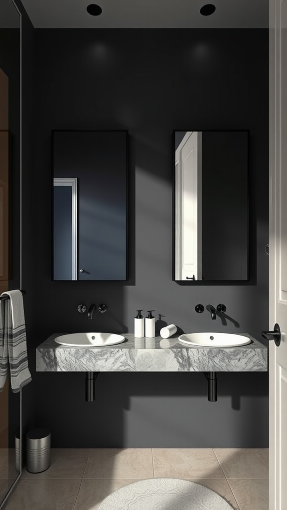 Stylish dark mirrors in a modern bathroom with marble sink.