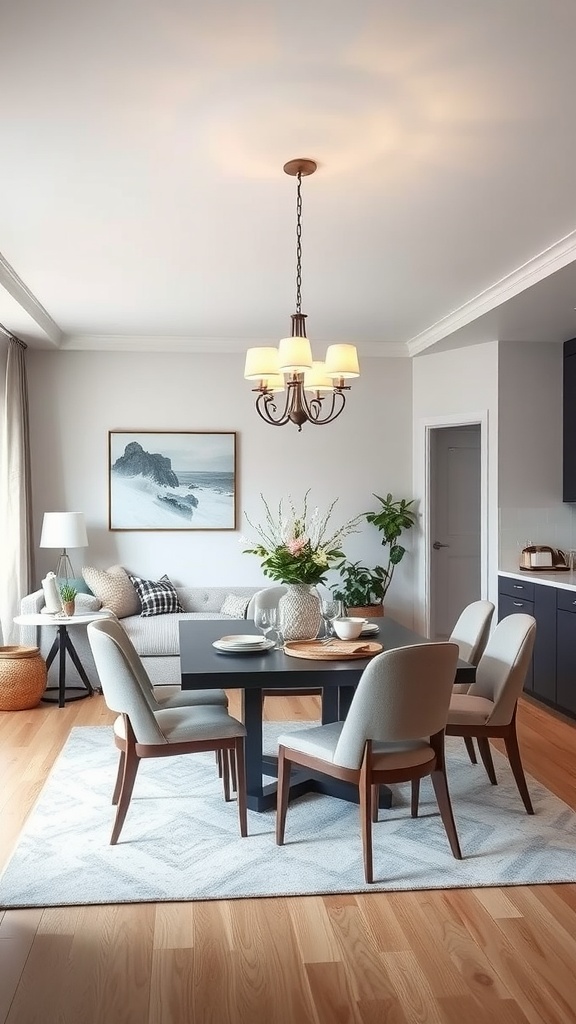 A stylish dining area with a table, chairs, and a cozy living space in the background.