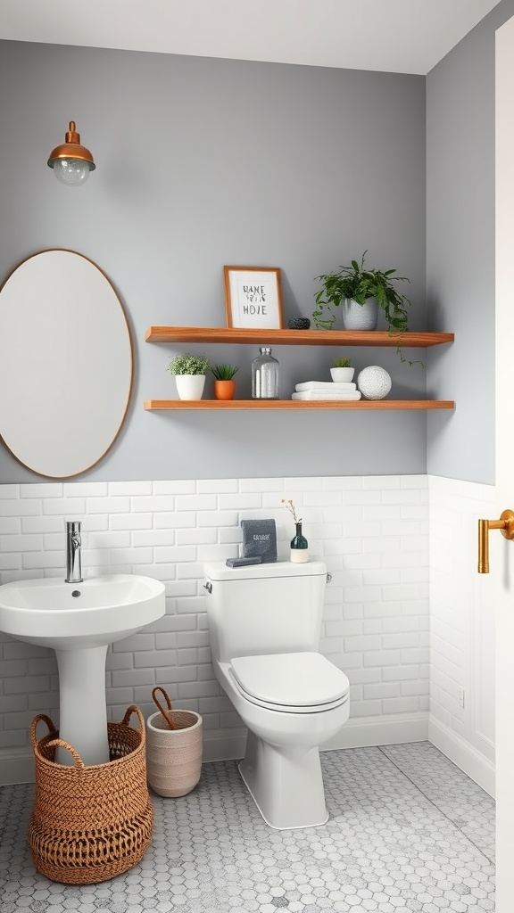 A stylish bathroom featuring grey walls, white subway tiles, and stylish floating shelves with plants and decor.