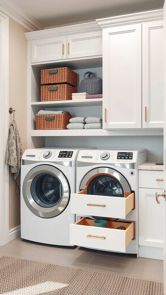 A modern laundry room with pull-out drawer cabinets below washing machines, featuring white cabinetry and organized shelves.