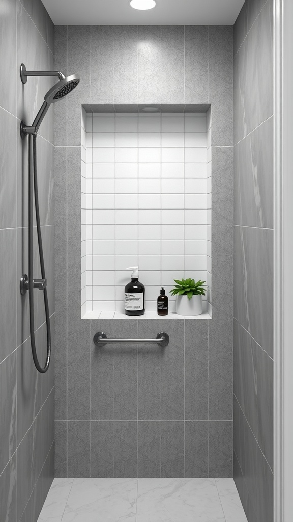 Stylish shower niche with grey and white tiles, featuring plants and shampoo bottles