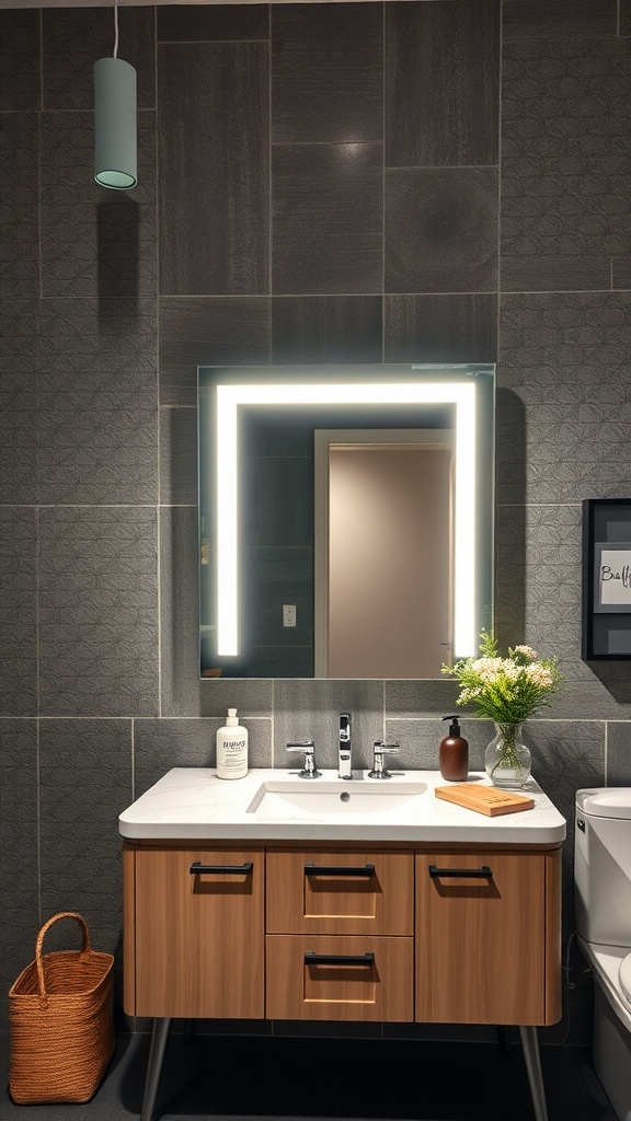 Modern bathroom vanity with integrated lighting fixtures and wooden cabinet.