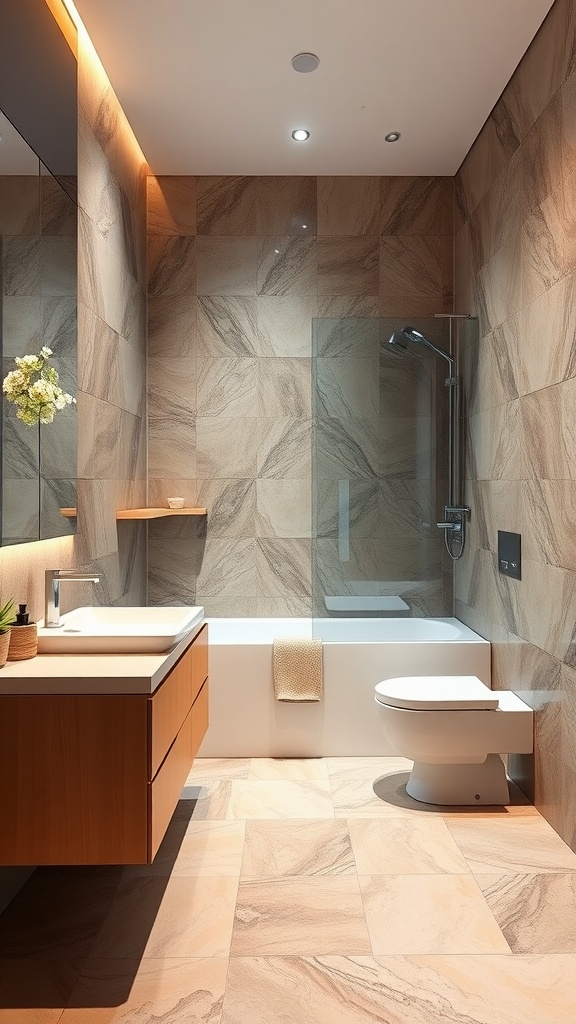 Stylish bathroom featuring modern vinyl sheet flooring that resembles natural stone.