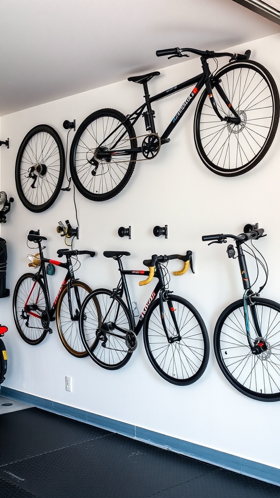 A wall-mounted bike rack displaying several bicycles in a garage