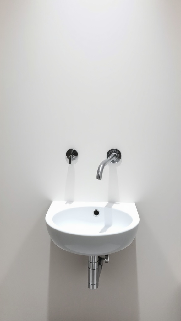 A minimalist wall-mounted faucet above a small basin in a bright setting