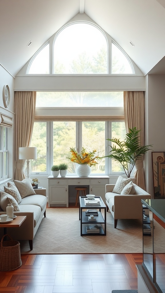 Stylish living room with large windows and soft drapes, featuring plants and comfortable seating.