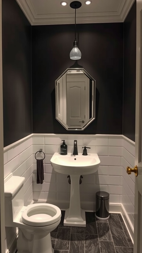 A modern bathroom with dark walls, white tiles, a round mirror, and a pendant light.