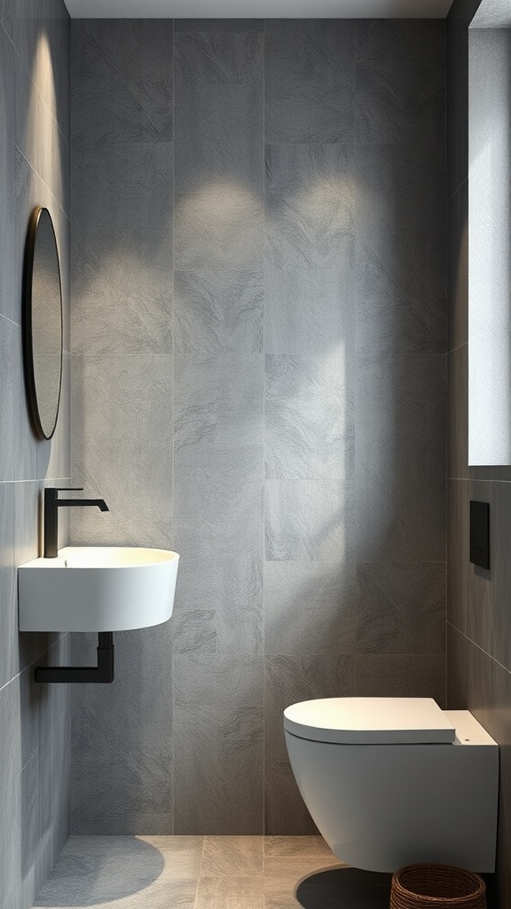 Modern bathroom with gray textured tiles, minimalist sink, and toilet