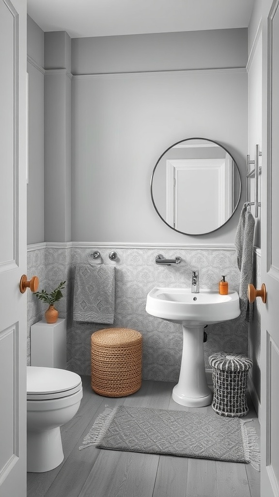 A grey and white bathroom featuring subtle patterns in textiles, including towels and rugs, with a round mirror and woven elements.