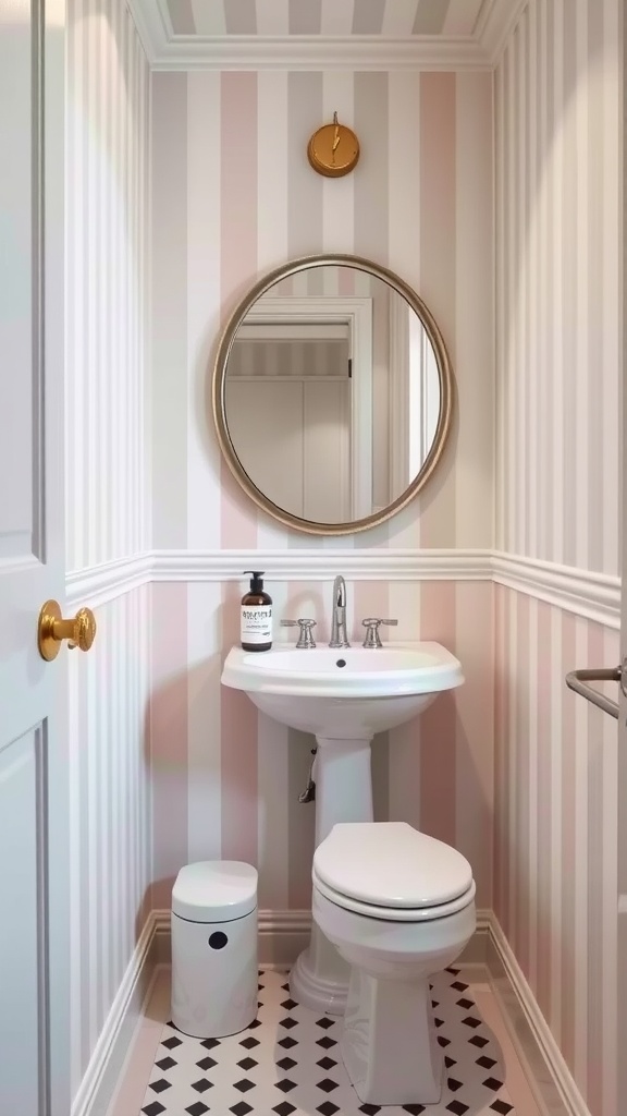 Small bathroom with pink and white striped wallpaper, round mirror, and modern fixtures