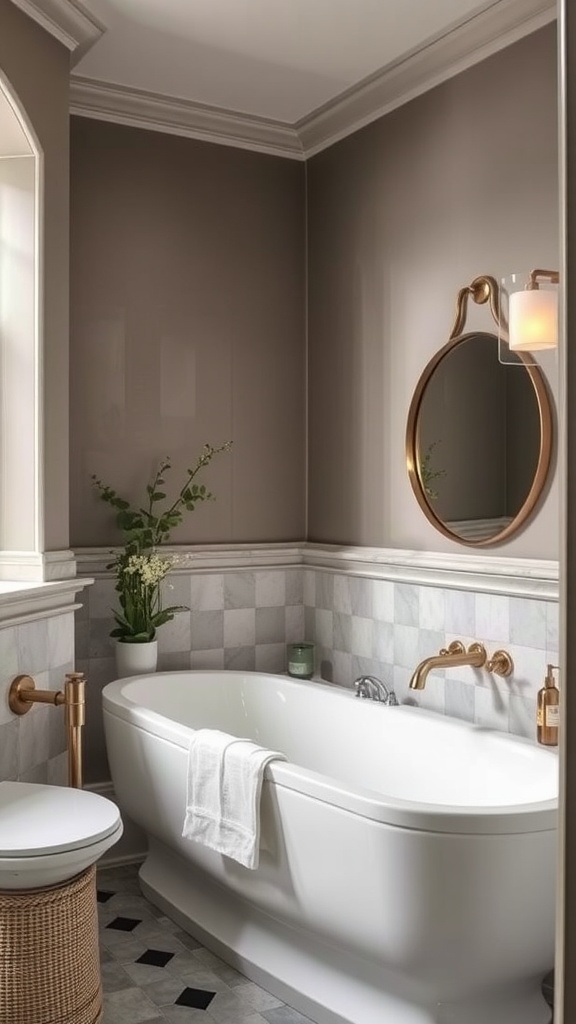 A stylish bathroom featuring subtle textured paint on the walls, a white bathtub, gold fixtures, and marble tiles.