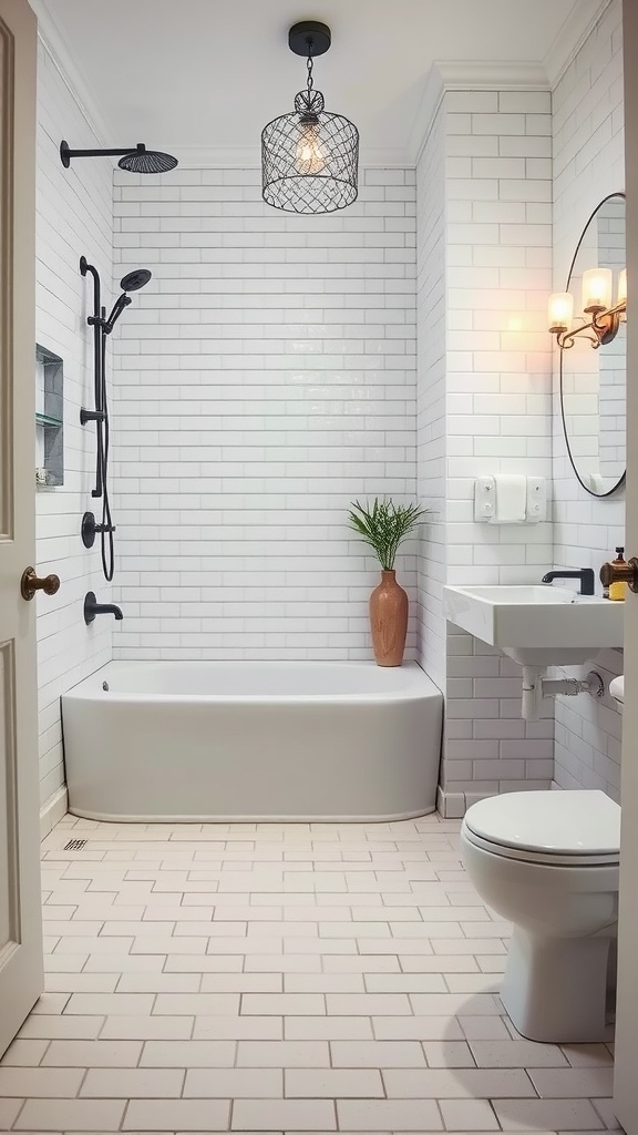 A stylish bathroom featuring white subway tiles, a sleek bathtub, modern fixtures, and warm lighting.