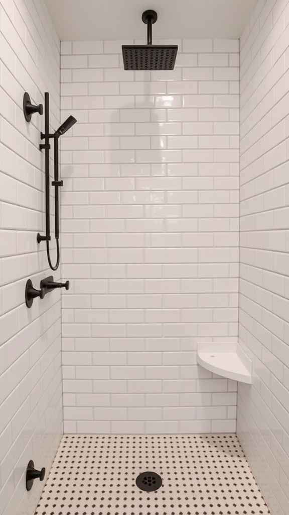 A modern bathroom shower featuring white subway tiles, black fixtures, and a corner shelf.