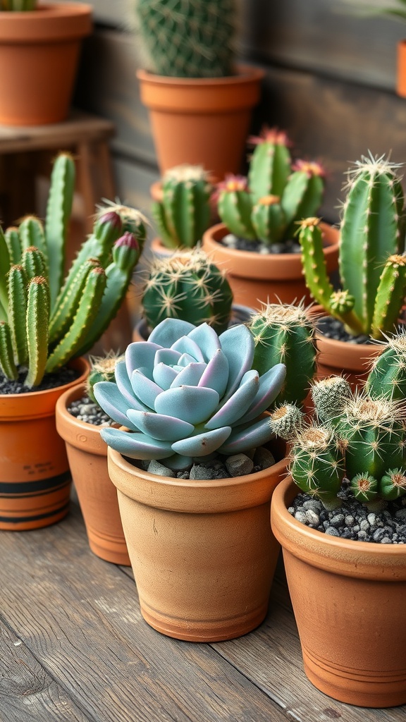 Various succulents and cacti arranged in terracotta pots, showcasing different heights and textures