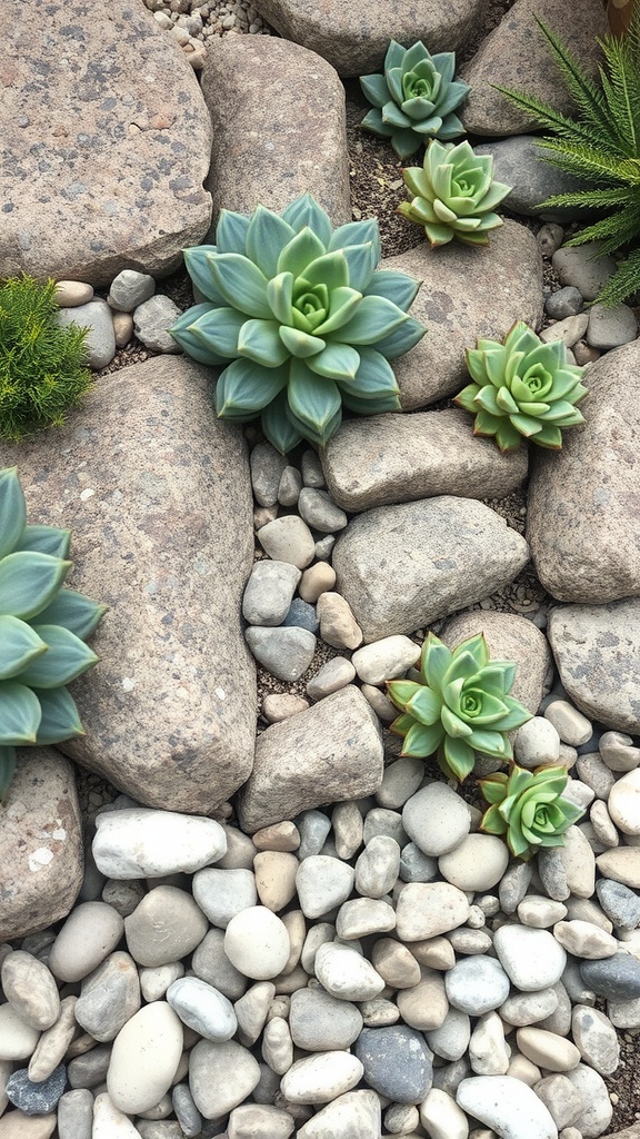 A rock garden featuring various succulents surrounded by different sizes of pebbles.