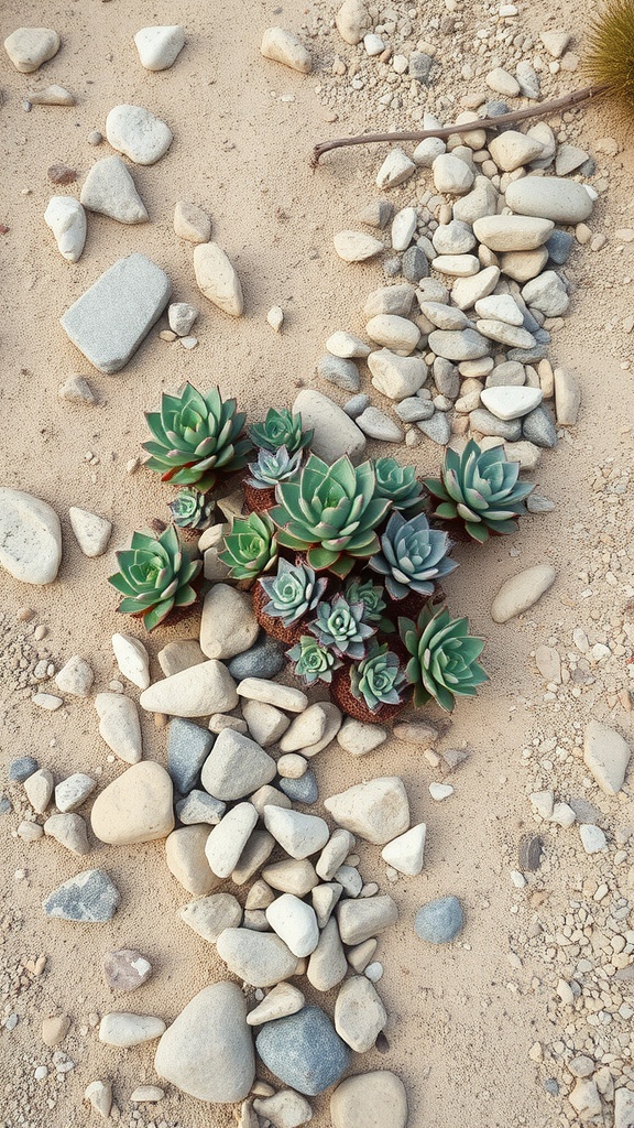 A cluster of green succulents surrounded by various sizes of smooth stones on a sandy surface.