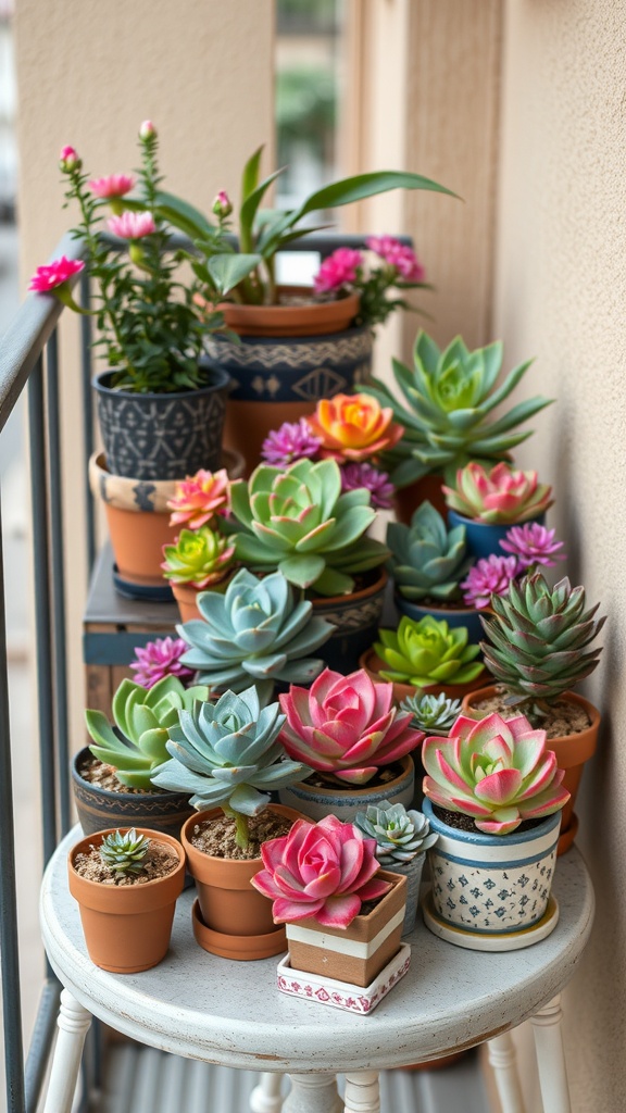 Colorful succulent display on a small balcony