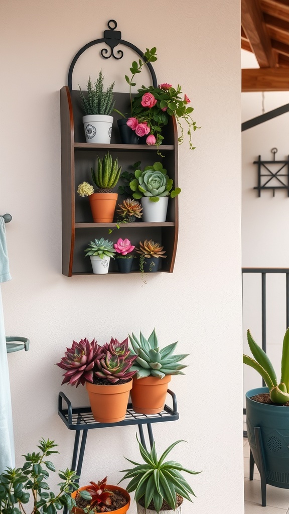 A shelf displaying a variety of succulents, with colorful pots and blooming flowers.