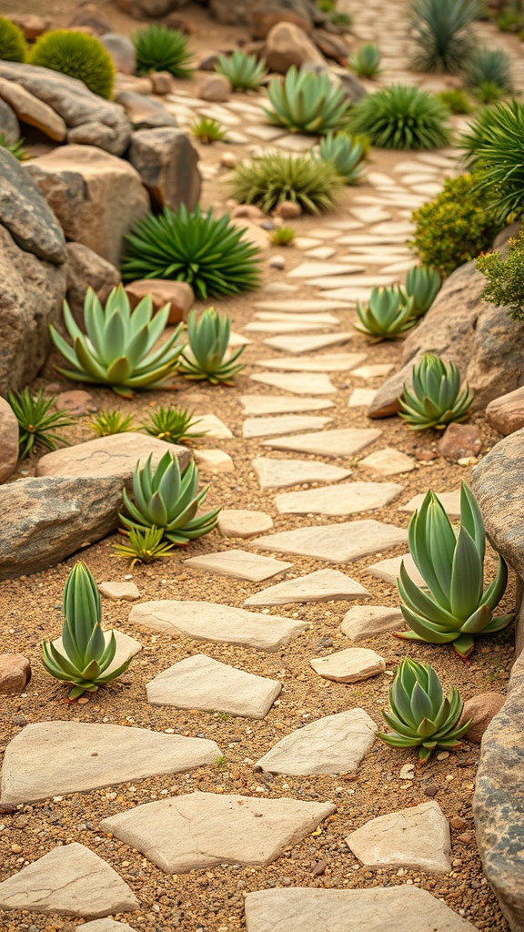 A pathway made of stones surrounded by various succulents in a rock garden.