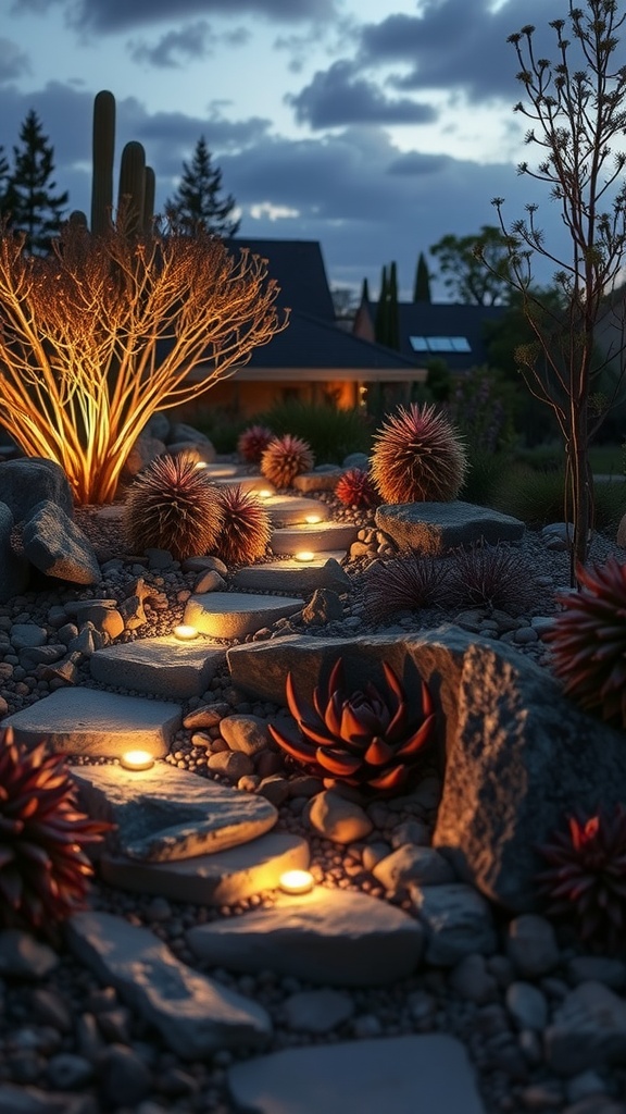 A beautifully illuminated succulent rock garden featuring a stone path with soft lighting.