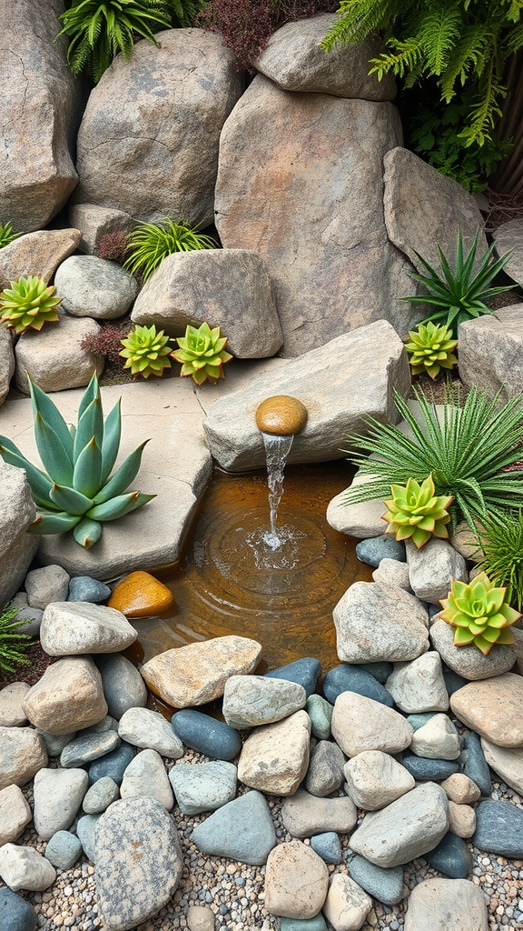 A serene succulent rock garden featuring a small water fountain surrounded by various succulents and stones.