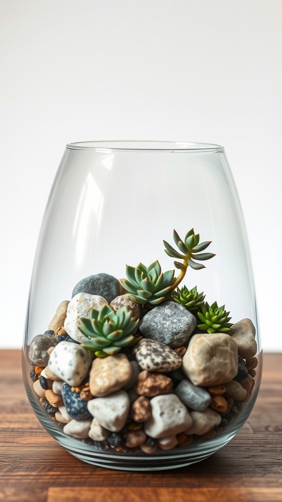 A glass terrarium filled with succulents and natural stones, showcasing a harmonious blend of green plants and earthy textures.