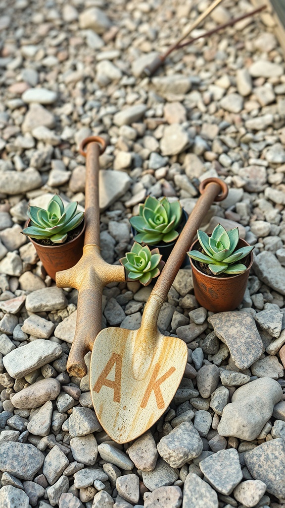 Succulents displayed in old garden tools on rocky ground.