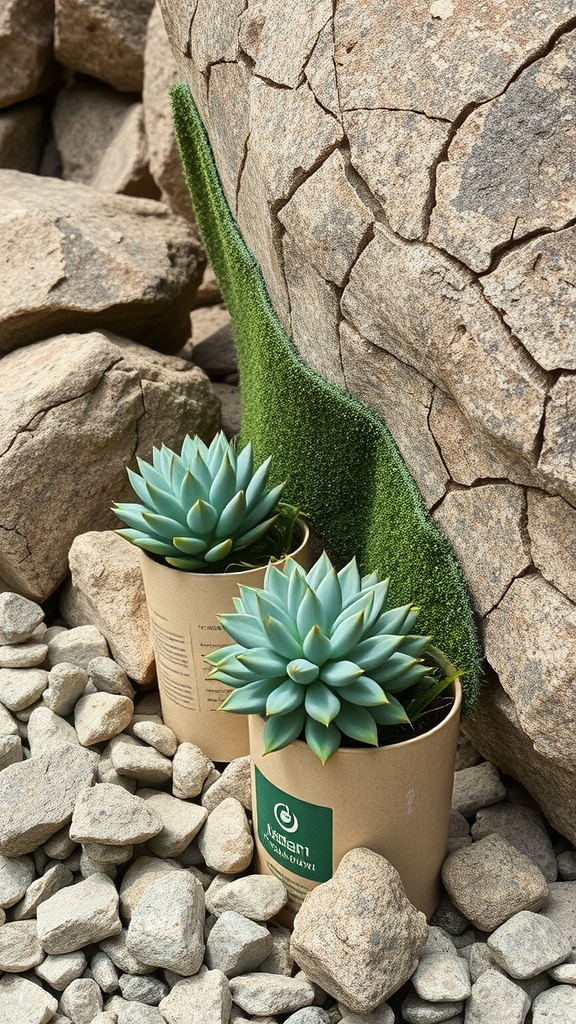 Succulents in recycled cardboard pots next to a rock wall with gravel