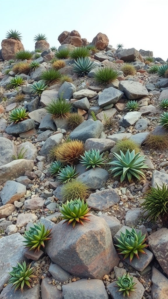 A hillside covered with various succulents and natural stones, showcasing a low-maintenance rock garden design.