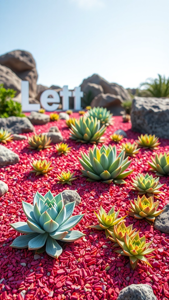 A rock garden featuring succulents surrounded by bright red mulch and decorative rocks.