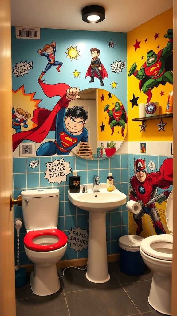 A colorful kids bathroom designed as a superhero headquarters with murals of superheroes on the walls, bright tiles, and themed accessories.