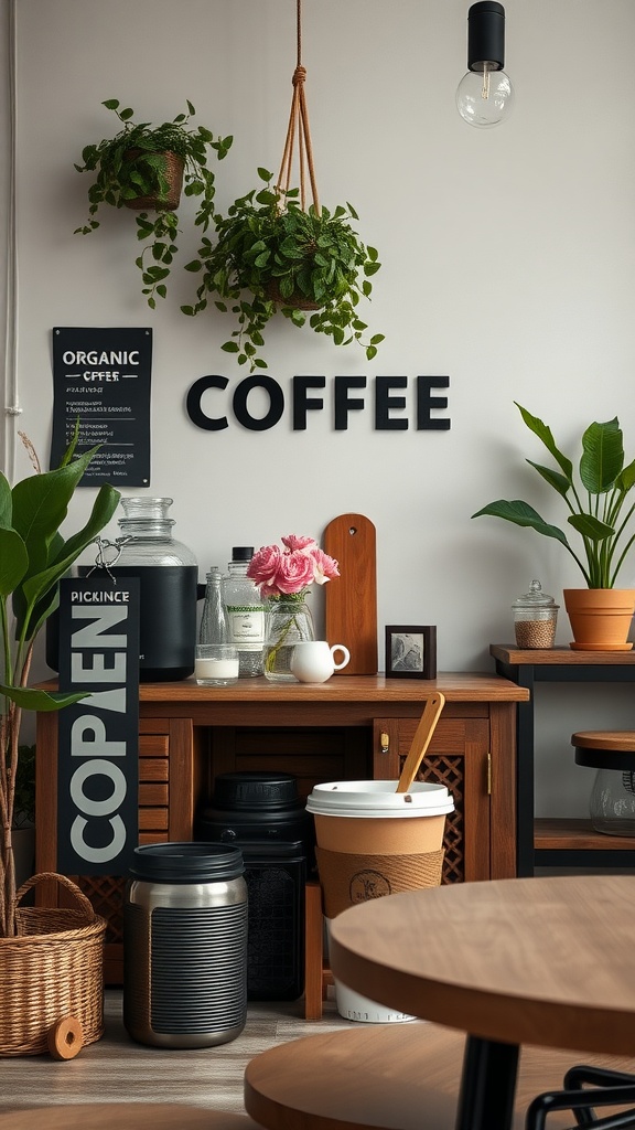 A cozy coffee corner featuring plants, a wooden table, and organic coffee signage.