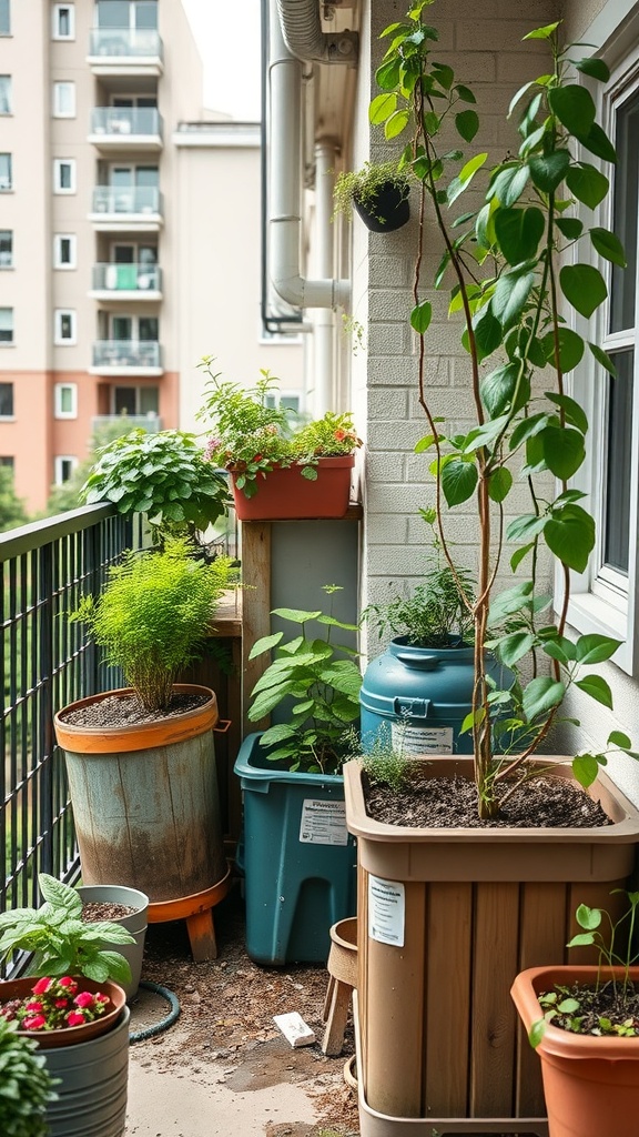 A small balcony garden with various potted plants, showcasing sustainable gardening practices.