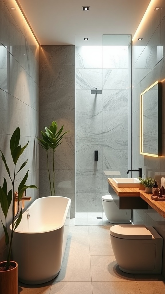 Sustainable luxury bathroom featuring natural materials, plants, and elegant finishes.