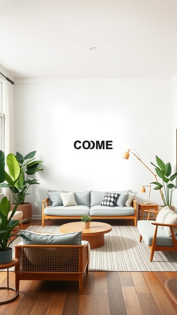 A modern primitive living room showcasing sustainable materials with natural wood furniture and indoor plants.