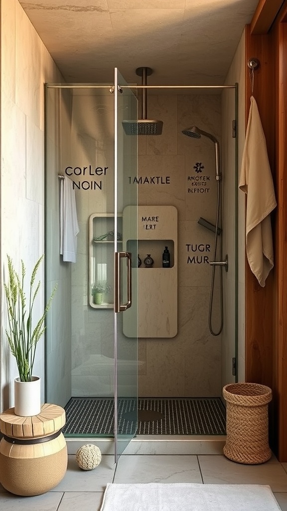 A modern walk-in shower featuring glass doors, stone tiles, and natural elements.