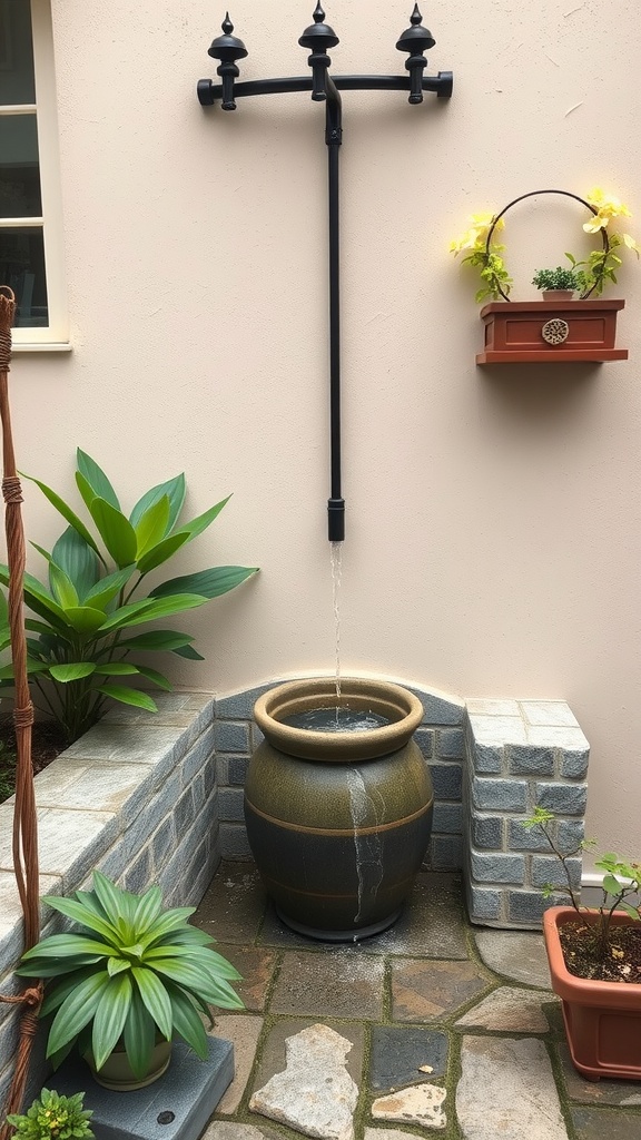 A rainwater collection system with a black spout pouring water into a decorative pot surrounded by plants.