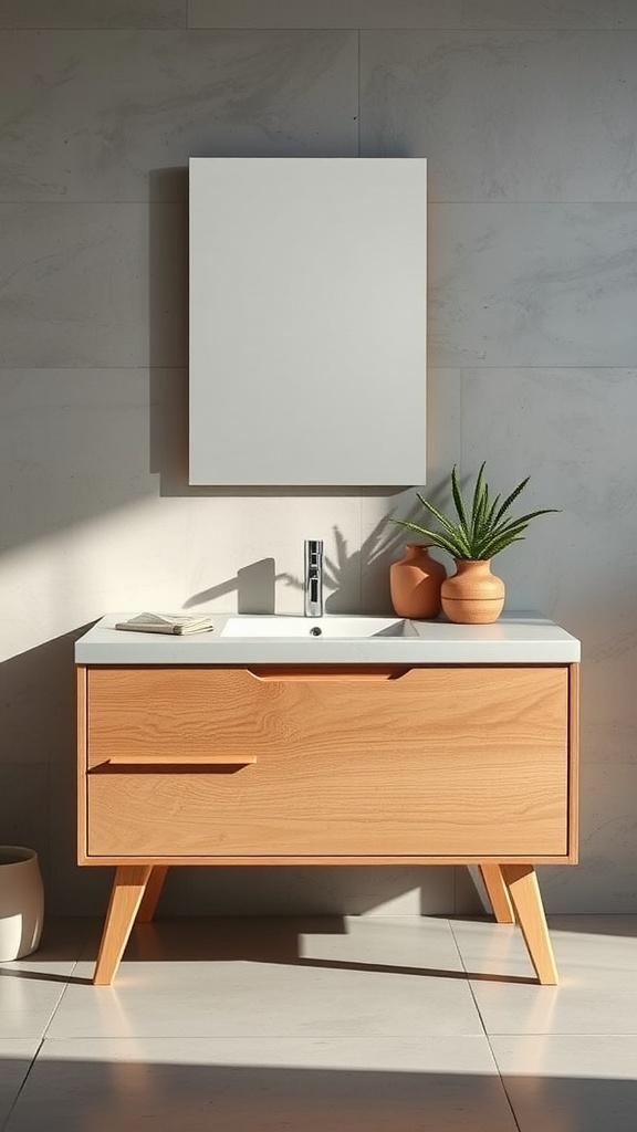 A modern bathroom vanity made of natural wood with a white countertop, accompanied by two decorative pots and a plant.