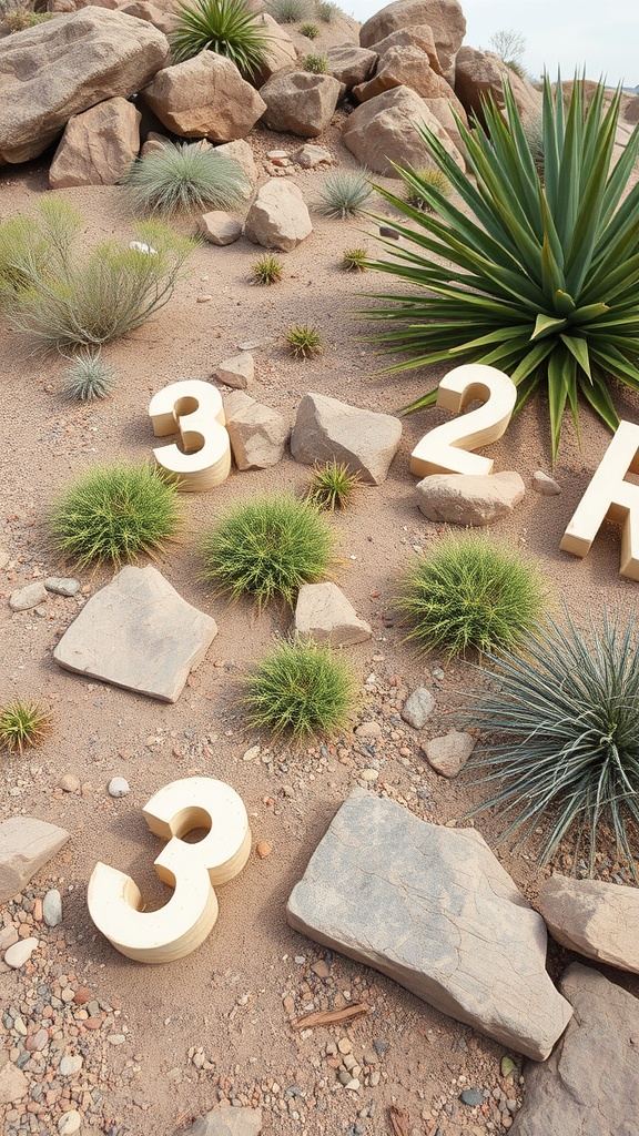 A xeriscape design featuring desert plants, rocks, and playful numbers in a sandy landscape.