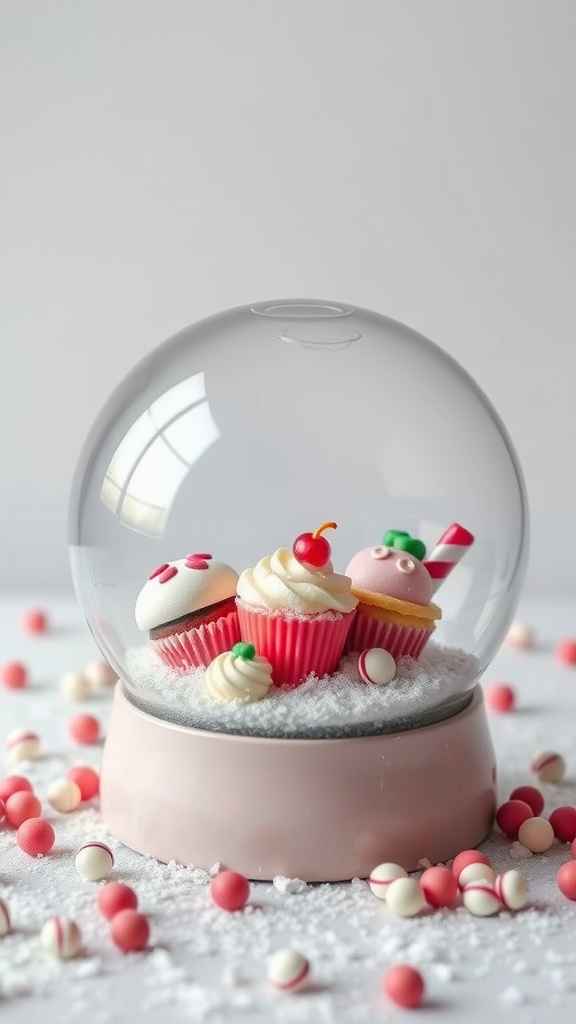 A snow globe featuring colorful cupcakes and candies on a pink base.