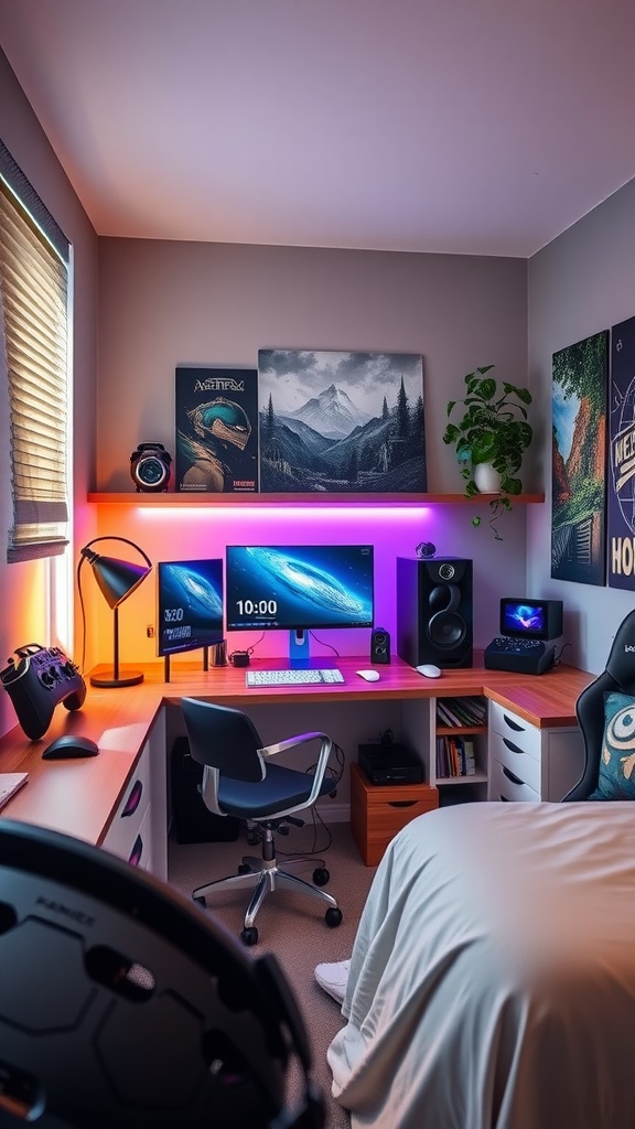 A modern teen boy's bedroom workspace featuring dual monitors, a stylish desk, and ambient lighting.