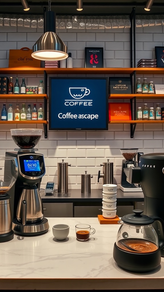 A modern coffee bar setup featuring digital coffee making equipment and organized accessories.