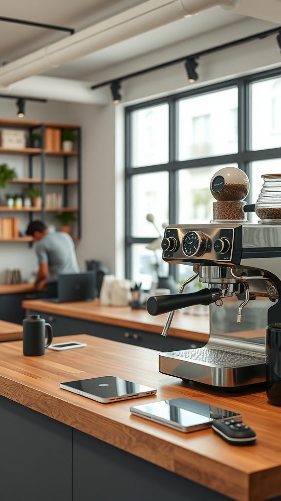 Modern coffee space with espresso machine and tech devices on the countertop.