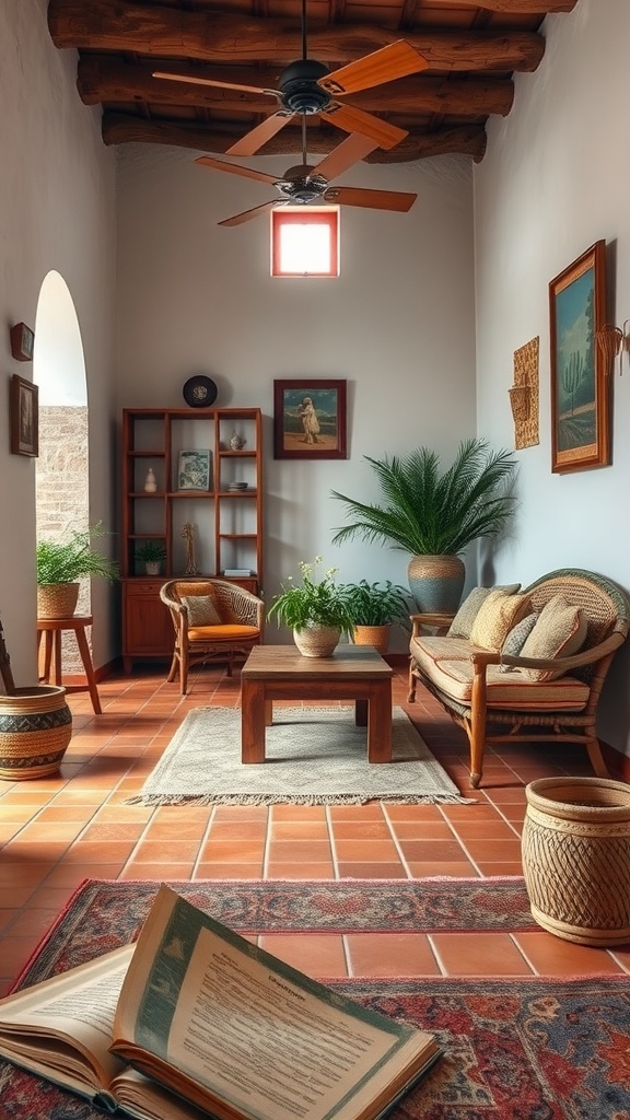 A cozy living room featuring terracotta tile flooring, wooden furniture, and plants.