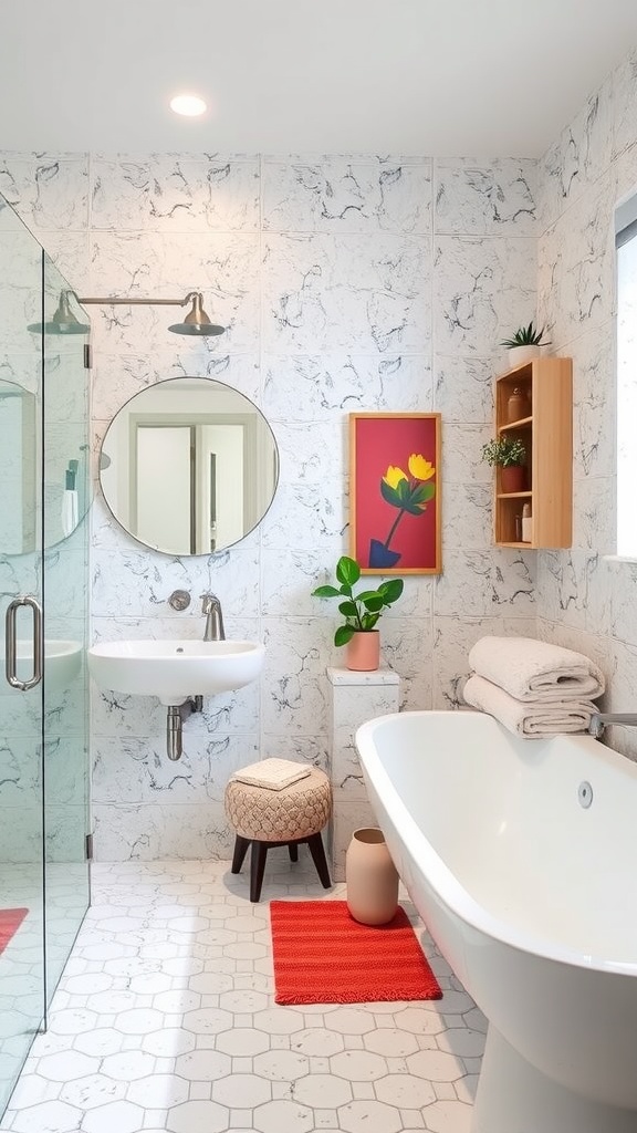 A modern bathroom with terrazzo wall designs, featuring a round mirror, a bathtub, and vibrant decorations.