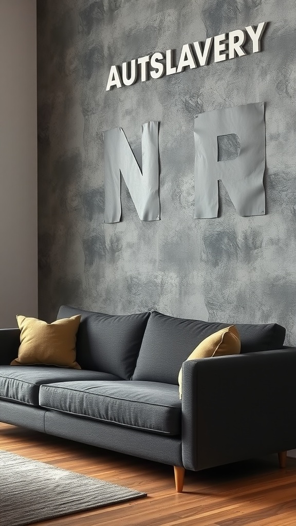 A modern living room featuring a dark gray couch against a textured accent wall with bold letters.