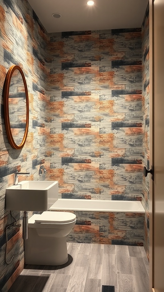 A bathroom with textured brick walls in earthy tones, featuring a round mirror and minimalist sink.