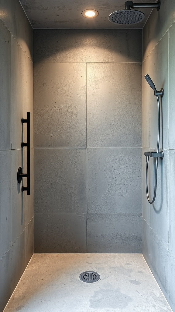 A rustic walk-in shower featuring textured concrete walls and modern fixtures.